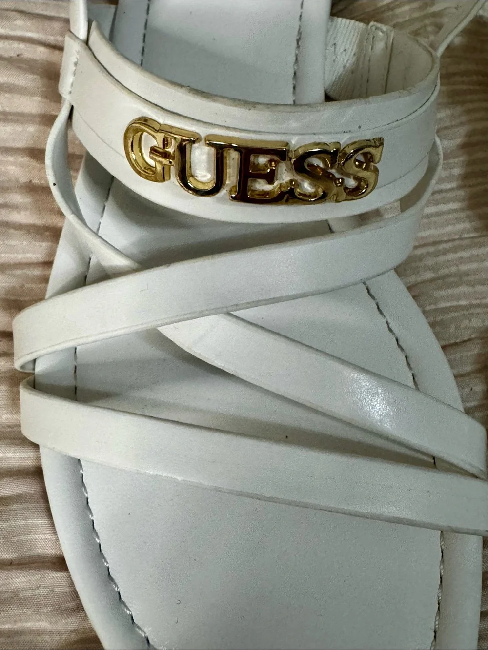 GUESS White Strappy Sandals with Gold Logo Accent Ankle Straps